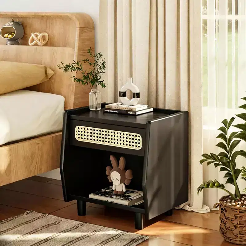 Modern Rattan Nightstand with 1 Open Shelf and 1 Drawer