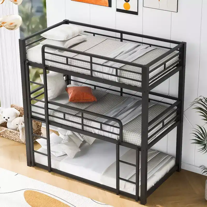 Whisen Metal Twin Size Triple Bunk Bed with 2 Ladders and Guardrail