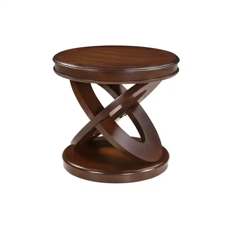 20 Retro Round Wooden End Table - X-Shape Base, Solid Wood Veneer, Walnut