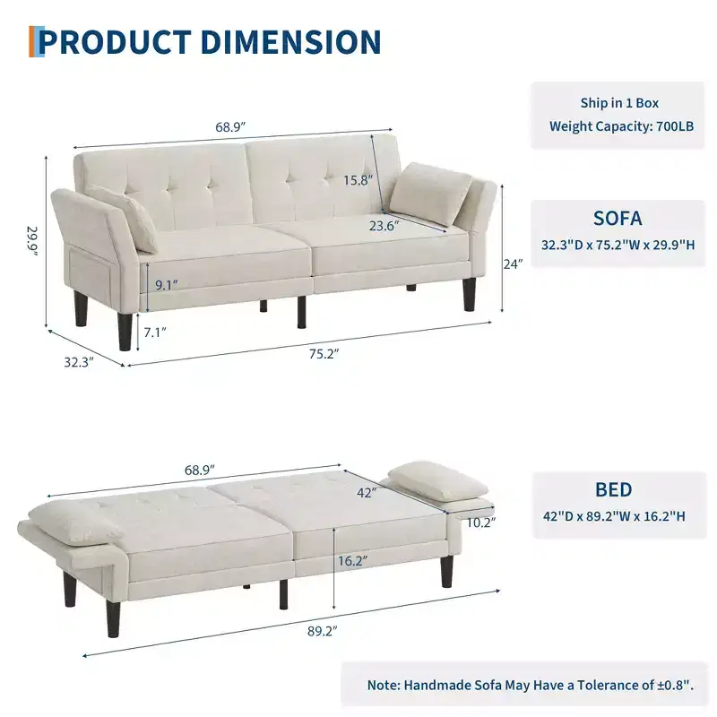 GustoWave 89 Convertible Futon Sofa Bed - Adjustable Backrest & Armrest for Living Room, Bedroom or Apartments