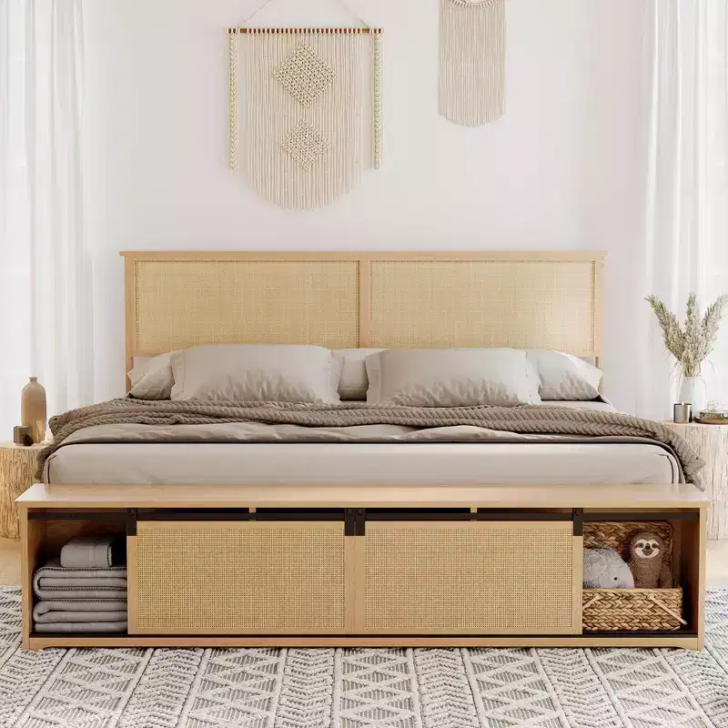 Wicker bed frame with sliding barn door storage, bohemian farmhouse style, solid wood legs, no spring mattress required.