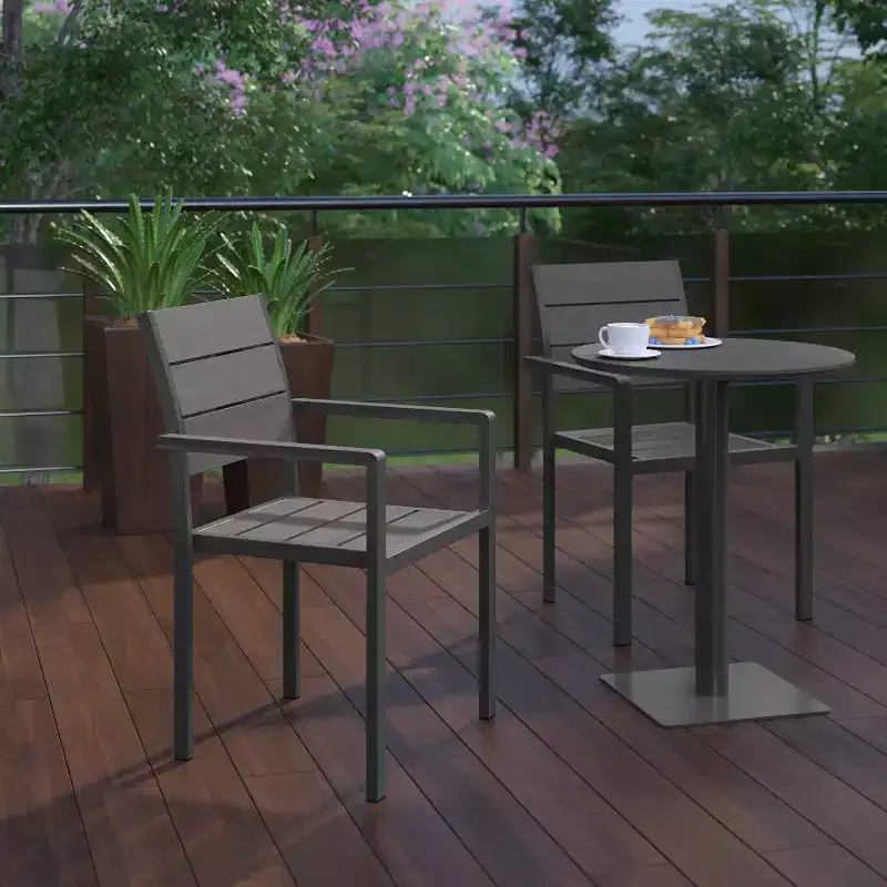 Flash Furniture Finch Commercial Grade Patio Chair with Arms, Stackable Side Chair with Faux Teak Poly Slats and Metal Frame