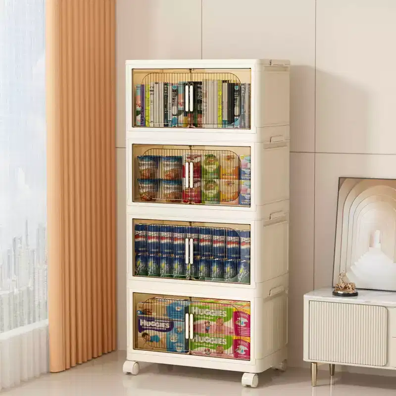 MAYEERTY 4 Tiers Plastic Folding Storage Cabinets with Magnetic Doors Wheels, Closet Organizers and Storage Containers White for Small Space