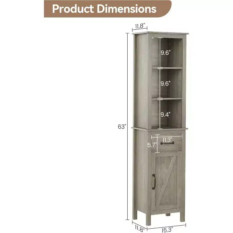 Slim Bathroom Storage Cabinet with Adjustable Shelves, Farmhouse-Style Narrow Bookcase for Organizing Bathroom and Living Room Essentials, Grey