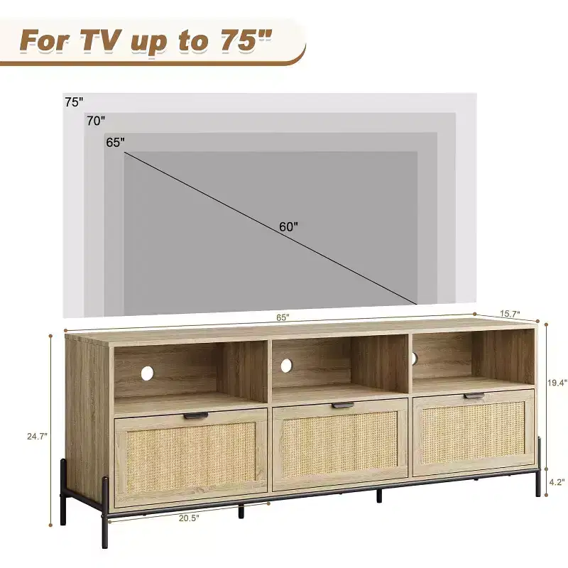 TV Stand for 75 inch,Modern Entertainment Center with 3 Drawers,TV Console with Heavy Duty Metal Leg,Rattan TV Stand for Living Room, Bedroom