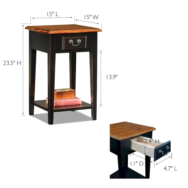 Medium Oak / Slate Black / White One-Drawer Square Side Table with Bottom Shelf