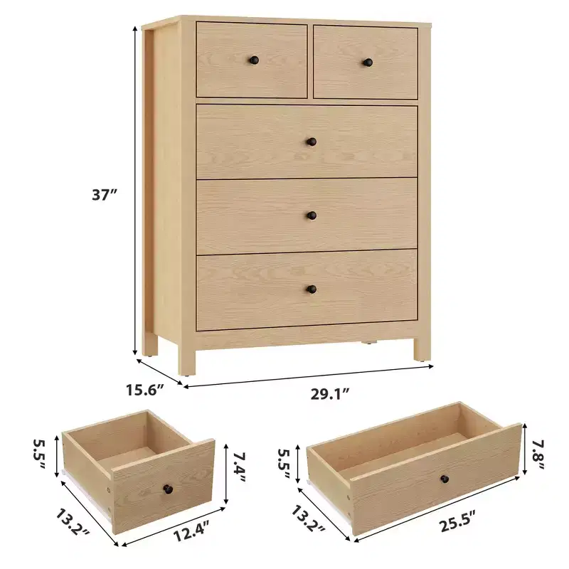Natural Oak Dresser for Bedroom, 5 Drawer Dresser with Deep Drawers, Modern Wooden Double Chests of Drawers for Kids Bedroom, Entryway, Hallway