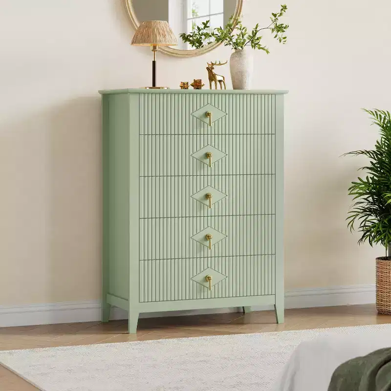 42.9 Tall 5-Drawer Fluted Dresser, Modern Wave Design Wooden Chest of Drawers with Metal Handles for Bedroom & Living Room