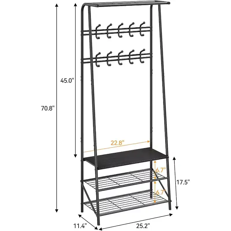 Acekool 4-in-1 Entryway Hall Tree with Shoe Rack and Hooks, Steel Frame