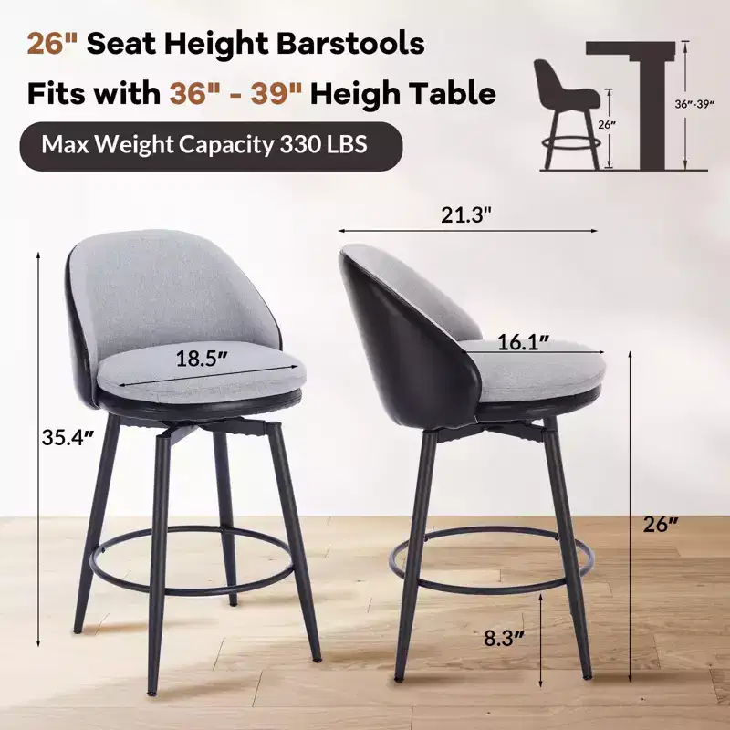 TruAIR 26 Bar Stools Set of 2 - Modern Swivel Counter Stools with Back & PU Leather for Kitchen Island
