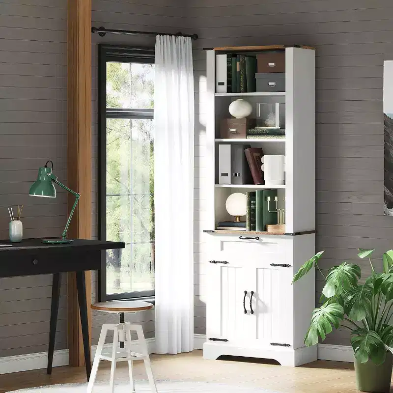 Acekool 4 Tier Farmhouse Bookcase with Doors, White Bookshelf with Drawer Storage Cabinet and Adjustable Shelf, 24 x 12 x 72 Inch