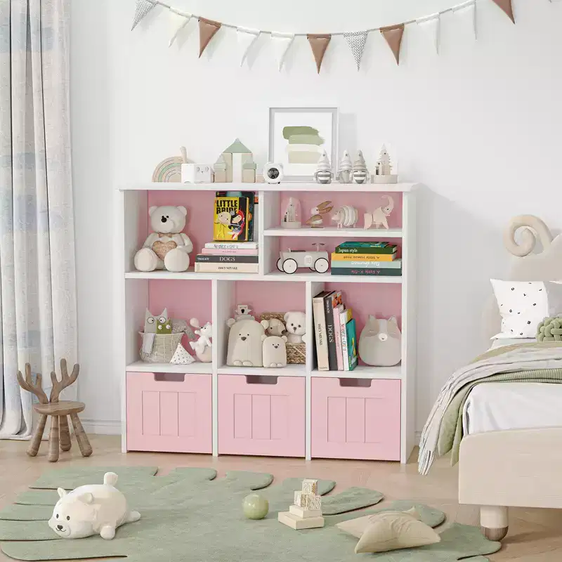 Kids Bookshelf Bookcase with 3 Movable Drawers & 6 Cubes for Toy Storage Organizer White