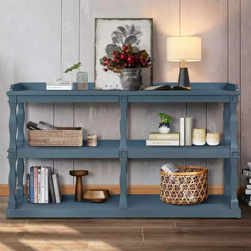 Narrow Console Table with 3-Tier Open Storage & Roman Column Legs – 60