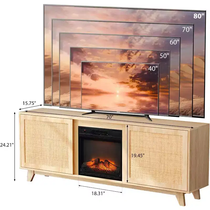 VINGLI Fireplace TV Stand for up to 70 inch TVs, Rattan Entertainment Center with Electric Fireplace Heater & Adjustable Shelves