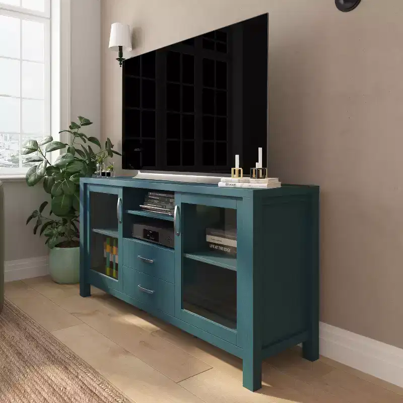 Buffet Sideboard Cabinet with 2 Drawers, Soft-Close Tempered Glass Doors & Open Shelf