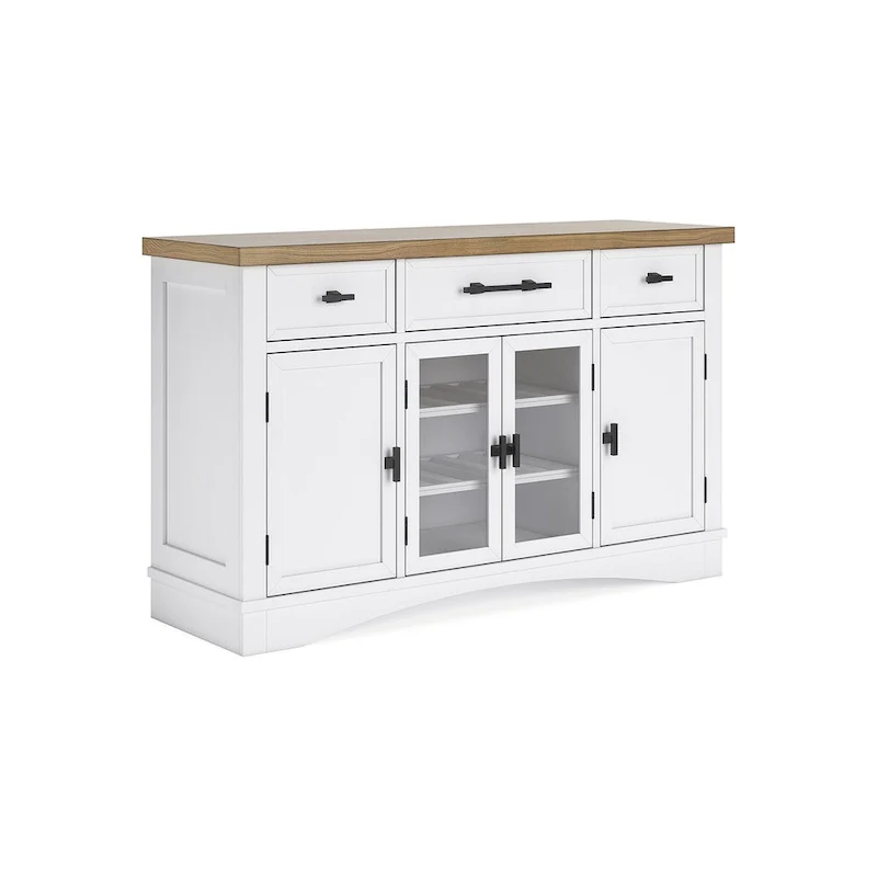 Dining Server with Glass Cabinet & Drawers – White / Natural Oak, Farmhouse Style