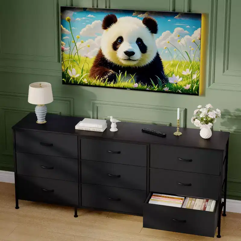 Dresser for Bedroom, Wide 9 Drawer Dresser TV Stand, Metal Frame Closet Storage Chest, Fabric Drawer Storage Cabinet Organizer