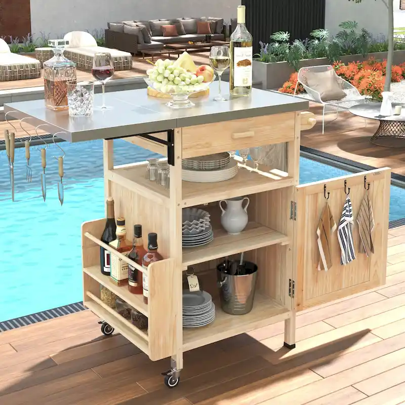 40.5 Outdoor Grill Cart with Stainless Steel Top, Drop Leaf, One Drawer, Towel Rack, Rolling Kitchen Cart with Lockable Wheels