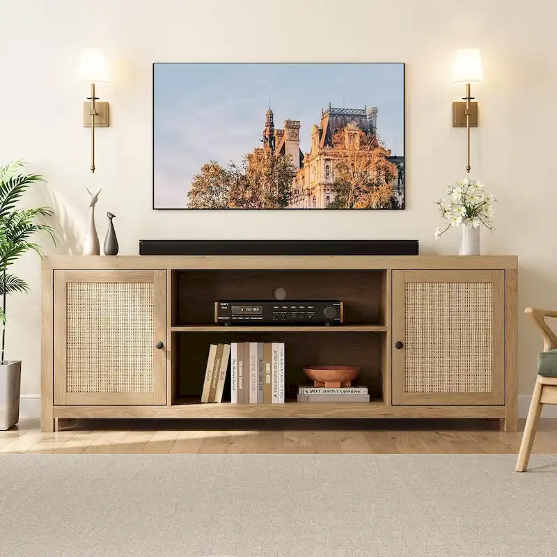 Rattan Boho TV Stand – Natural / Wood Grain, 2 Cabinets & 2 Open Shelves, Fits 65