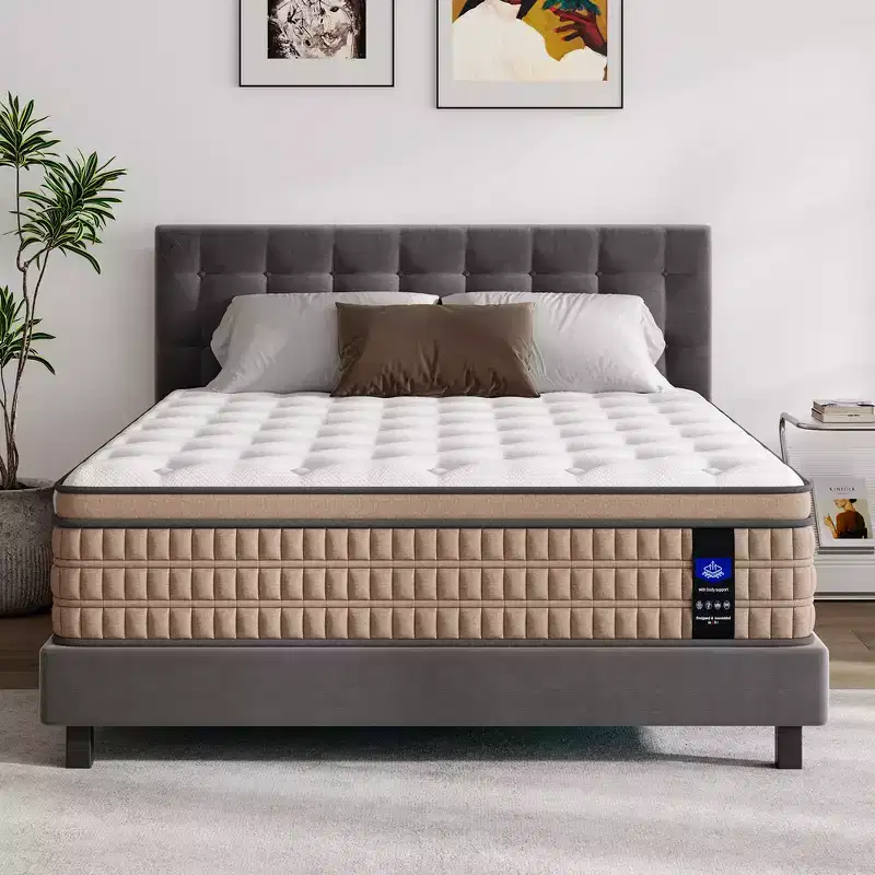 Whisen 14 King Hybrid Mattress, Memory Foam Mattress, Pocket Innerspring, Fiberglass-Free - Beige & White