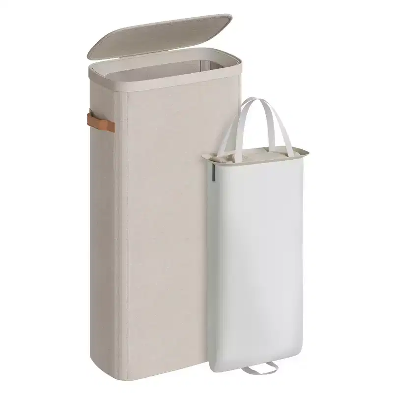 17.2 Gal. Laundry Basket, Easy Assembly, with Lid and Handles, Removable Liner, 15.4 x 8.7 x 29.5 Inches, Cappuccino Beige