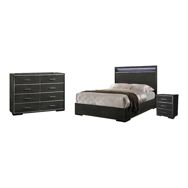 Furniture of America Kastela Contemporary Grey 3-Piece Panel Bed, Nightstand and Dresser Set with LED and USB Ports