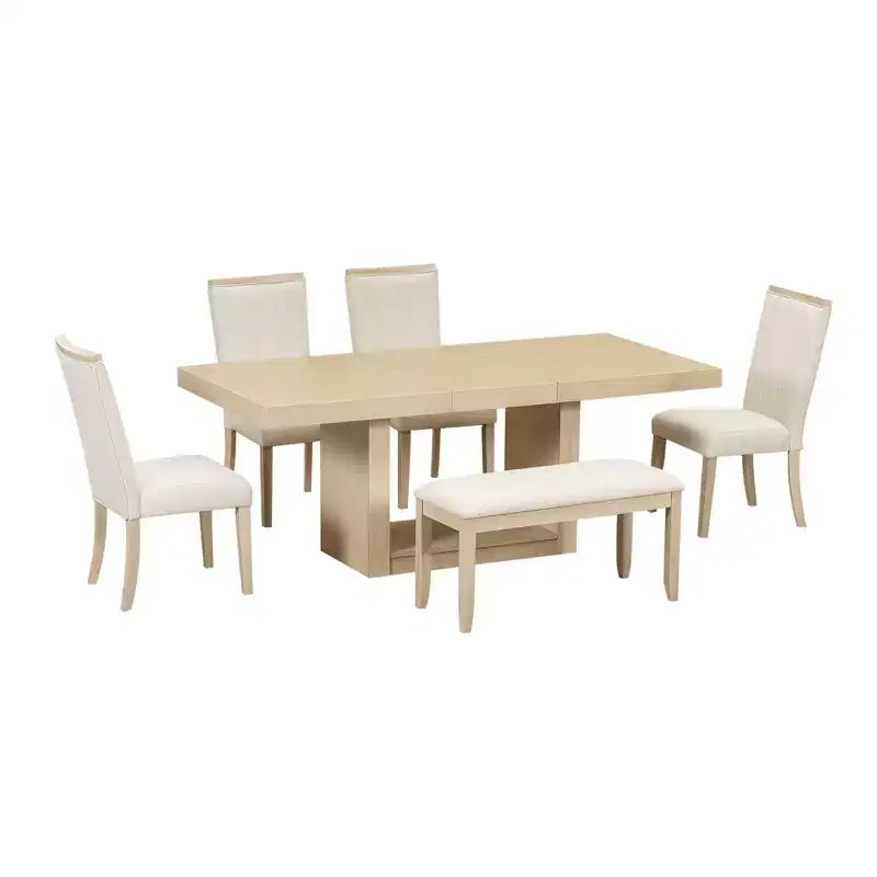 6 Piece Extendable Dining Table Set Dining Set with Removable Leaf, 4 Upholstered Dining Chairs and Bench, Natural+Beige - ModernLuxe