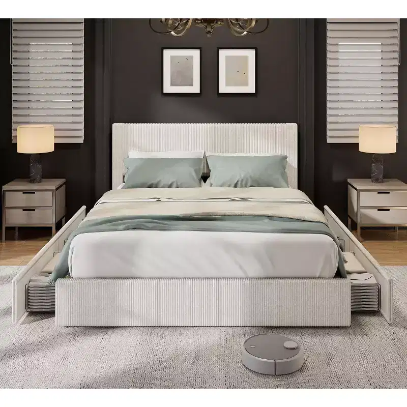 Full/ Queen/King Size Platform Bed Frame with Tufted Wingback Headboard, Corduroy Upholstered, 4 Storage Drawers, Wooden Slats, No Box Spring Needed