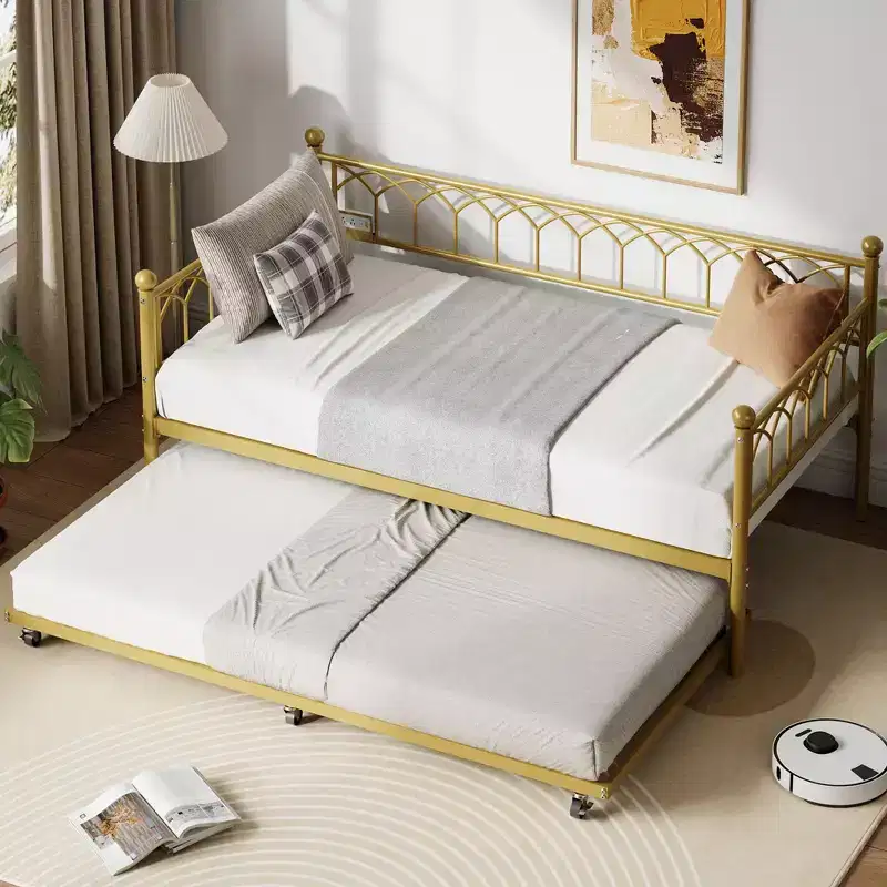 Twin Daybed with Trundle, Day Bed with Charging Station & LED Lights, Metal Sofa Bed Frame with Pull Out Trundle for Living Room, Bedroom, Apartment