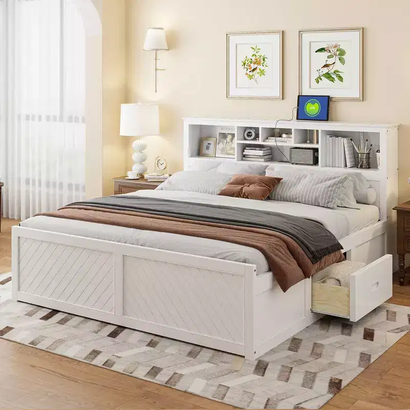 King Size Wood Platform Bed with Multi-storage Headboard, USB and Drawers