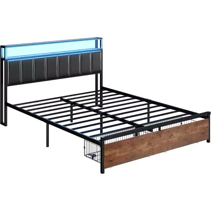 AMERLIFE LED Bed Frame with Drawers, 2-Tier Storage and Charging Station