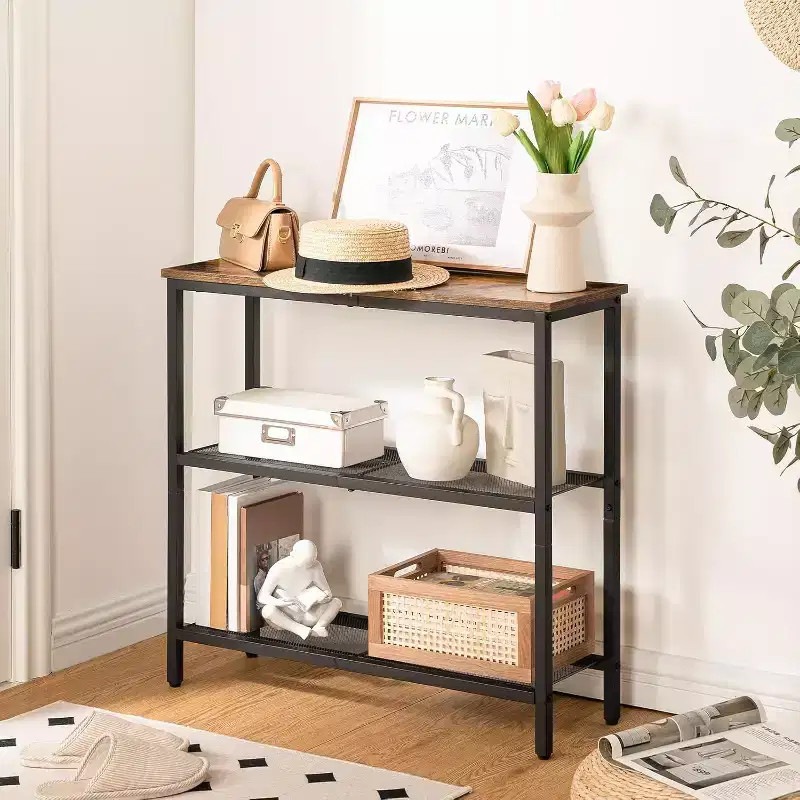 ACOINEL 29.5 Narrow Console Table, 3-Tier Rustic Brown & Black Entryway Table, Thin Sofa Side Display Table for Hallway Entrance Living Room Bedroom