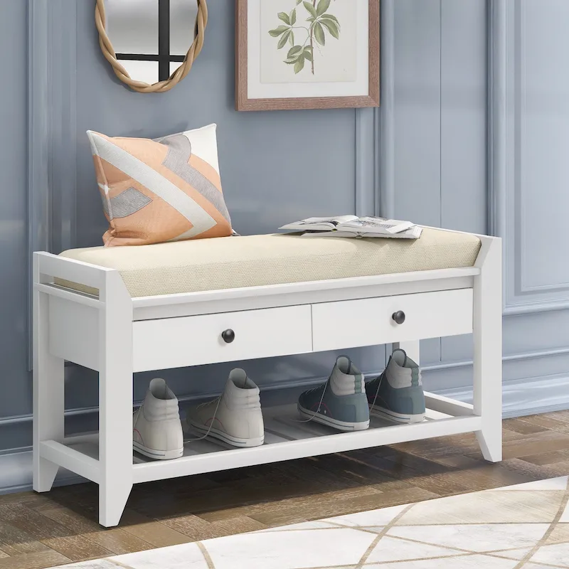 Shoe Bench with Cushioned Seat and Drawers – White / Espresso / Grey, Pine Wood