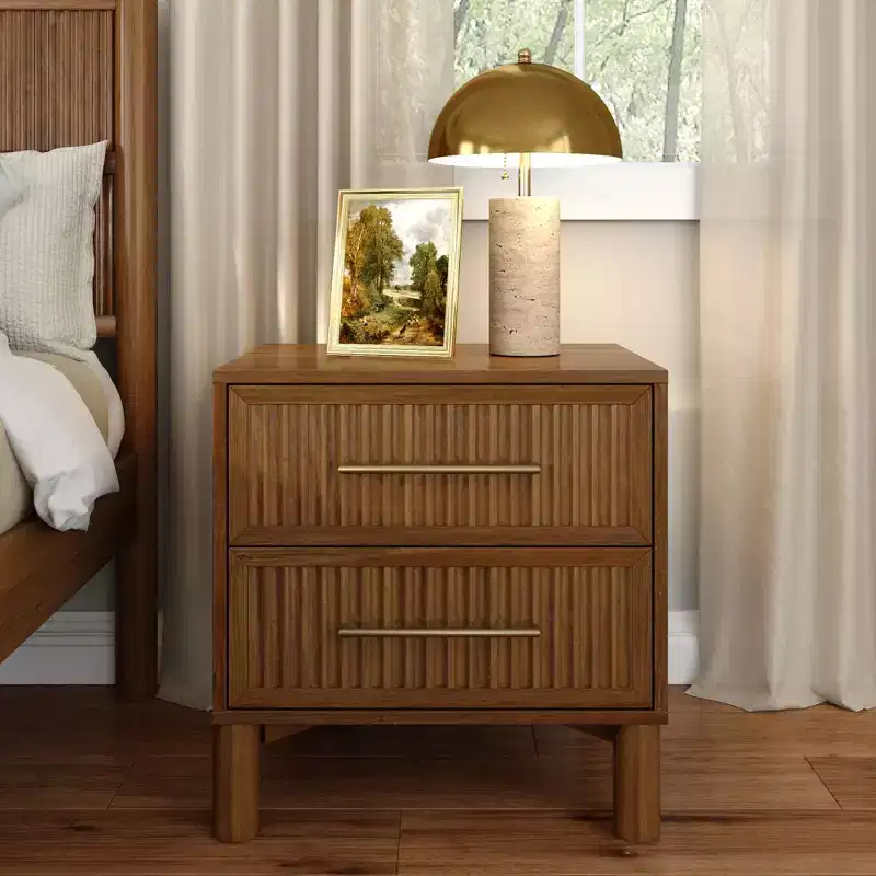 Sera Fluted 2 Drawer Nightstand with Brass Handle