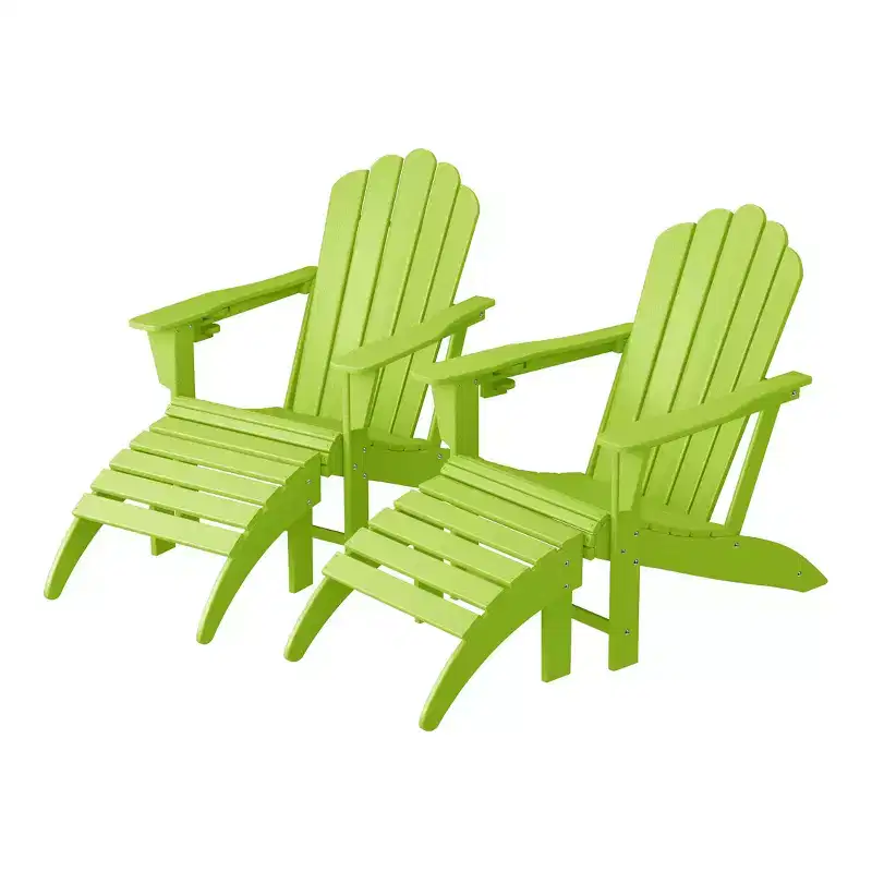 WestinTrends Highland 4-Piece Outdoor Patio HDPE Adirondack Chairs With Ottomans and Cup Holder Set, Lime