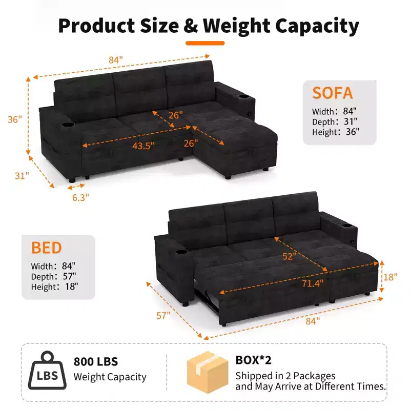 84 L-Shaped Sectional Sofa Bed - Reversible Storage Chaise with USB Ports & Cup Holders - Black