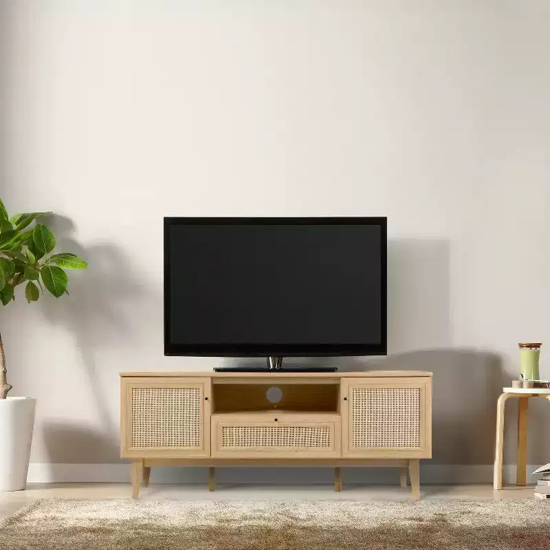 TVS1002A Finley 59 in. Farmhouse Caned TV Stand with Drawer and Storage Doors Fits TVs up to 65 in. with Cable Management