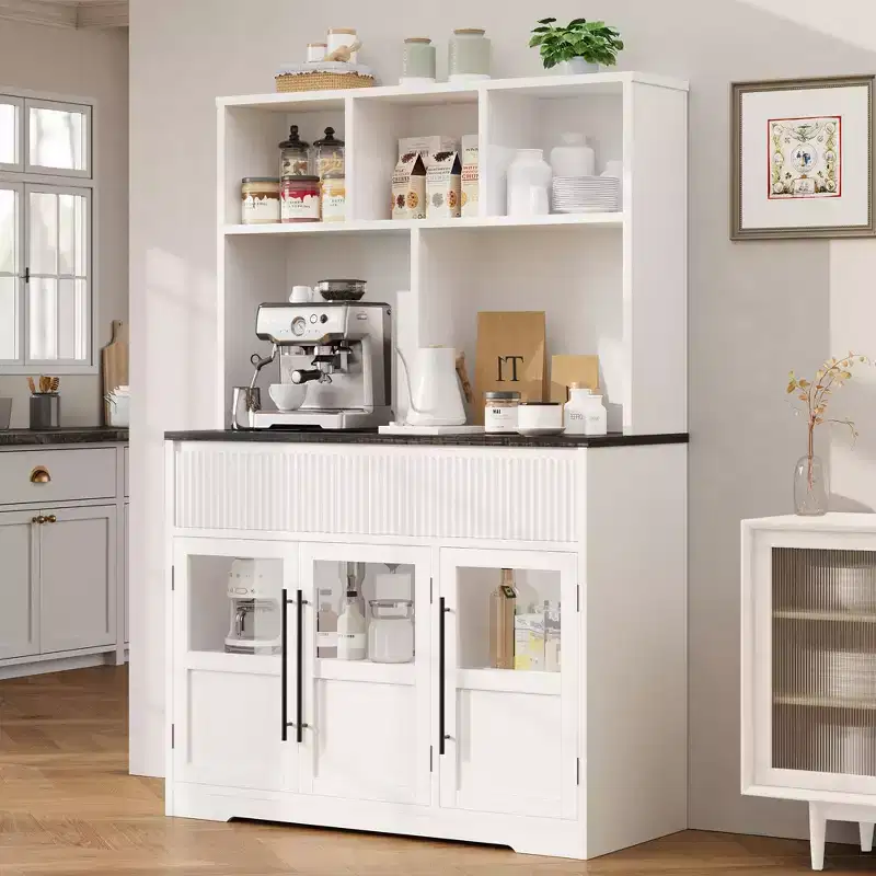 COZONY 60 Kitchen Pantry Cabinet with Glass Doors & Drawers, Farmhouse Coffee Bar Storage Cabinet with Countertop for Dining Room