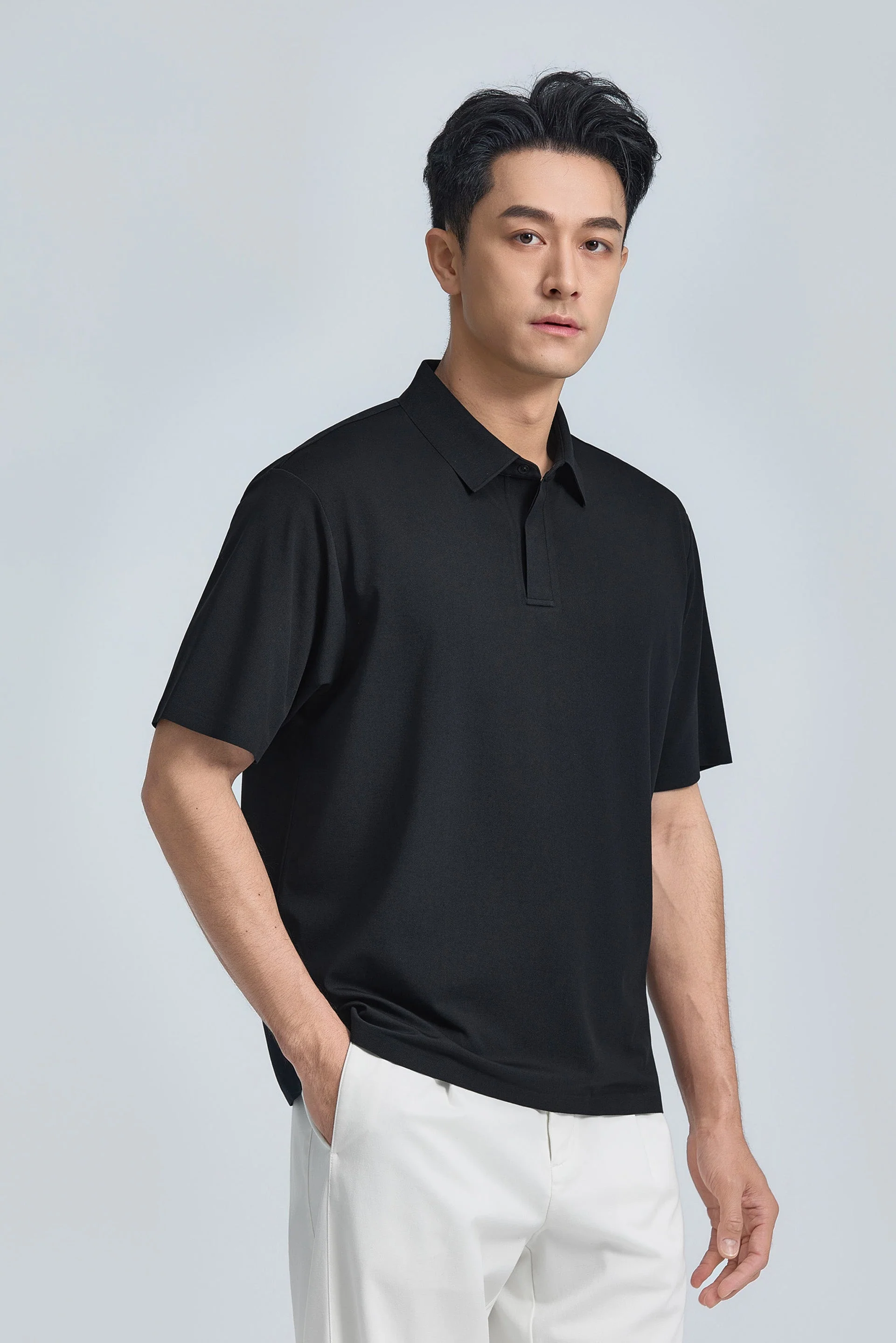 Concealed Placket Sharp Pique Polo – Black