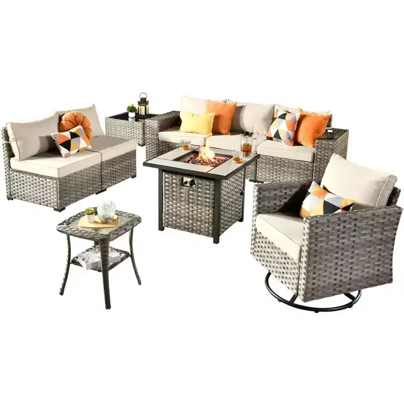 Marlton 9pc Wicker Outdoor Fire Pit Patio Furniture Set Conversation Sofa with a Swivel Chair and Cushions