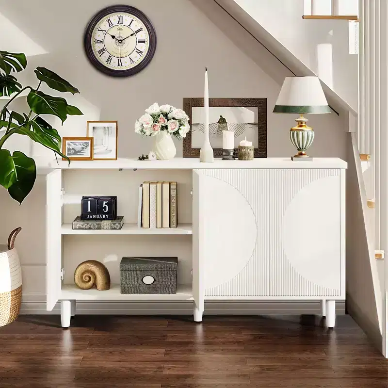 Modern White Sideboard Buffet Cabinet, Semicircle Design, 4-Tier Storage with Anti-Tip Device for Living Room & Kitchen