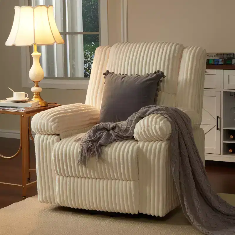 Corduroy Recliner Chair, Manual Recliner Sofa, Thick Padding, Side Pocket, 330Lbs Capacity, Recliner for Living Room, Bedroom, Home Theater, White