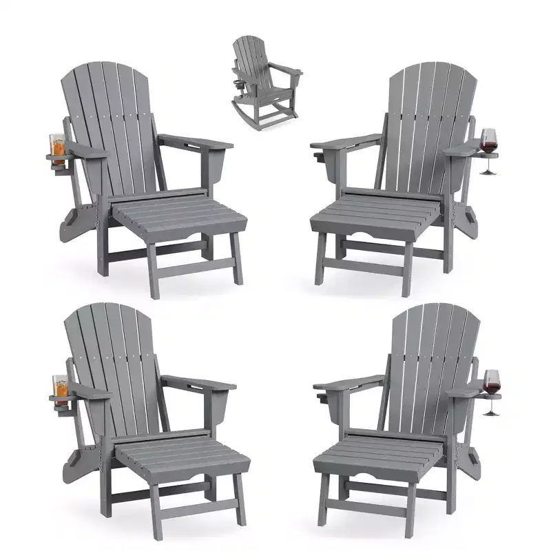 4-in-1 Folding HDPE Adirondack Chairs Set of 4, Retractable Ottoman & Removable Rocking Base, 400lbs Capacity Grey