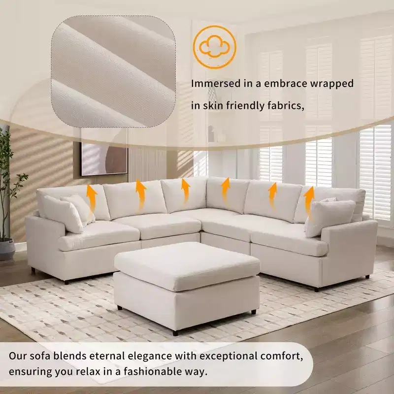 Okak U-Shaped Convertible Sectional Sofa Couch with Movable Ottoman, Modern 6 Seat Upholstered Sofa for Living Room,Apartment