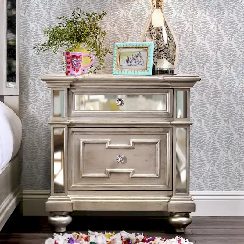 Eaen Glam Silver Wood 2-Drawer Nightstand by Furniture of America