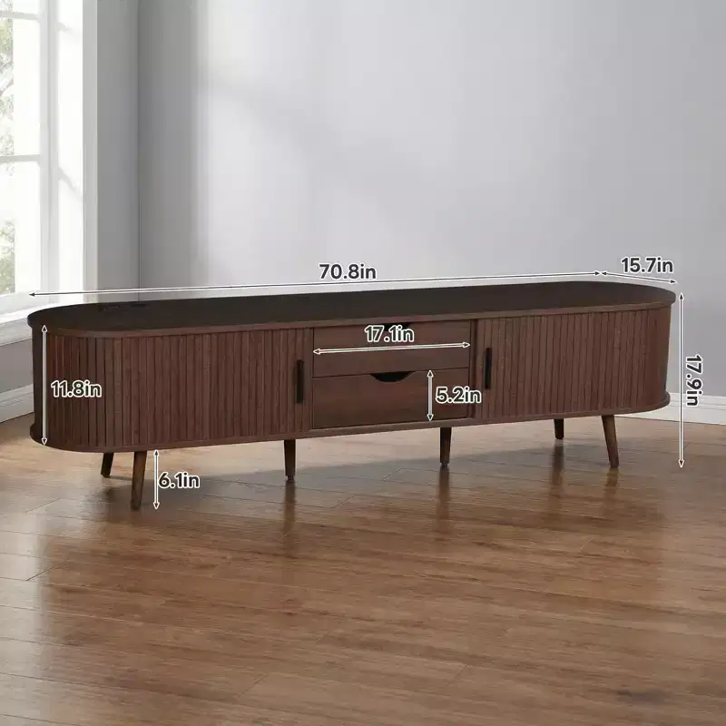 70-inch Mid-Century Modern TV Console with Roller Door Drawers and Built-in Outlets, Accommodates TVs up to 80 inches, Dark Brown