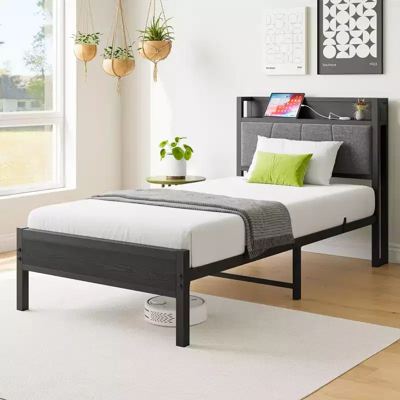Twin Size Bed Frame with Storage Headboard & Charging Station, No Box Spring Needed for Bedroom