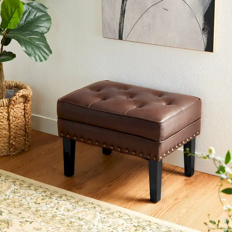 Black / Coffee Mid-Century Button-Tufted PU Leather Ottoman