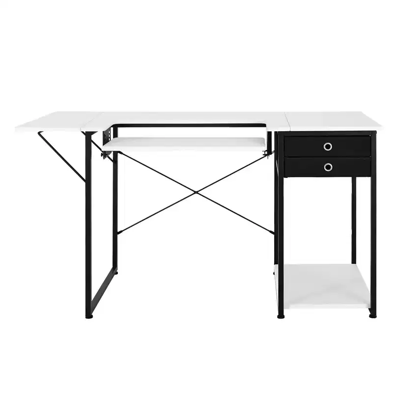 Multipurpose Sewing Machine Table with Drawers, Foldable Side Shelf, Adjustable Shelf, Steel Legs, White