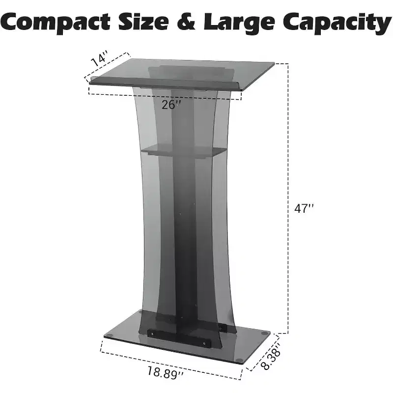 47in Tall Floor-Standing Acrylic Podium with Storage Compartments, Easy to Move, Suitable for Offices, Conference Rooms, Schools, Churches, Black